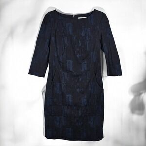MM Lafleur Etsuko Dress Woman 6 Brush Jacquard Blue Black Stretch Sheath Pockets